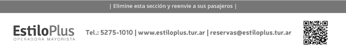 Estilo Plus Mayorista de Viajes. Teléfono 52751010. Mail info@estiloplus.tur.ar. Web www.estiloplus.tur.ar.